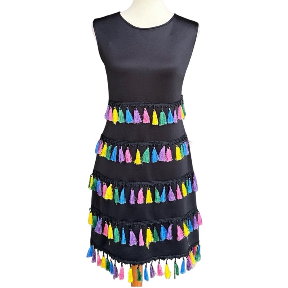 New York & Company Black Dress with Multicolor Tassels Size Medium